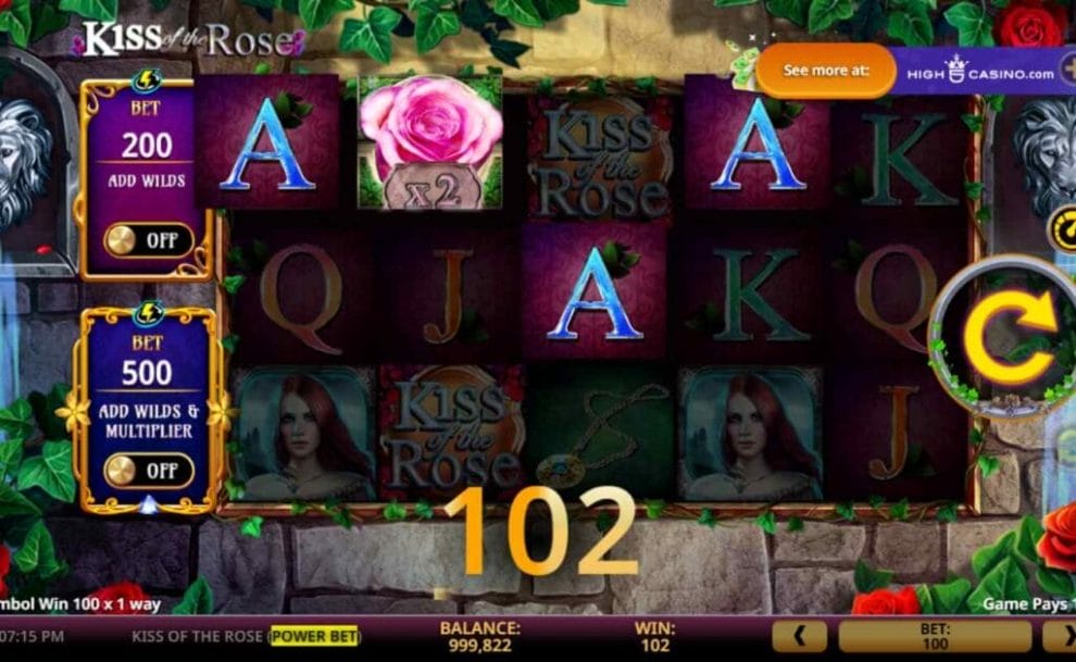 Kiss of the Rose (Power Bet) online slot game screen.