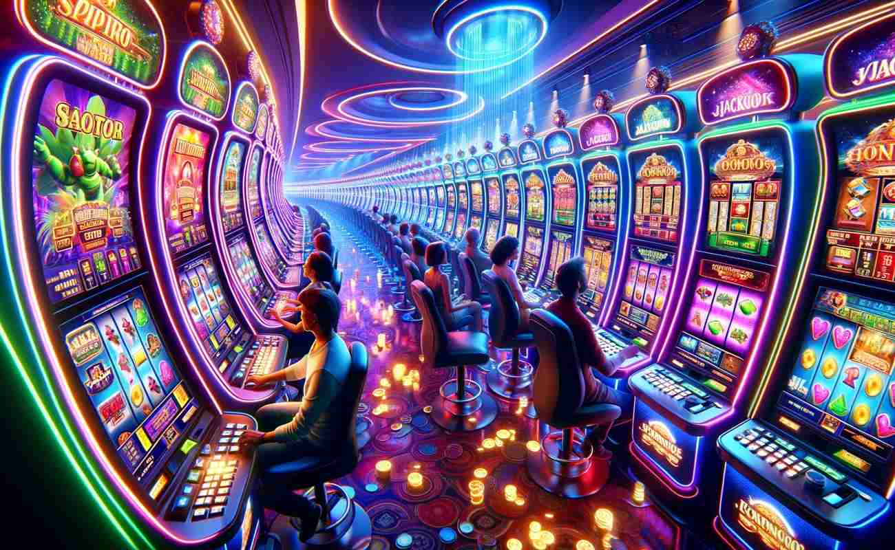 An array of vibrant online slot machines in a virtual casino.