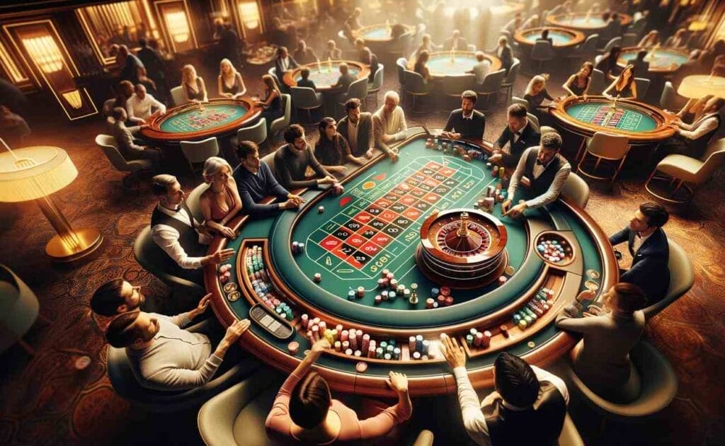 A live casino scene with a roulette table.