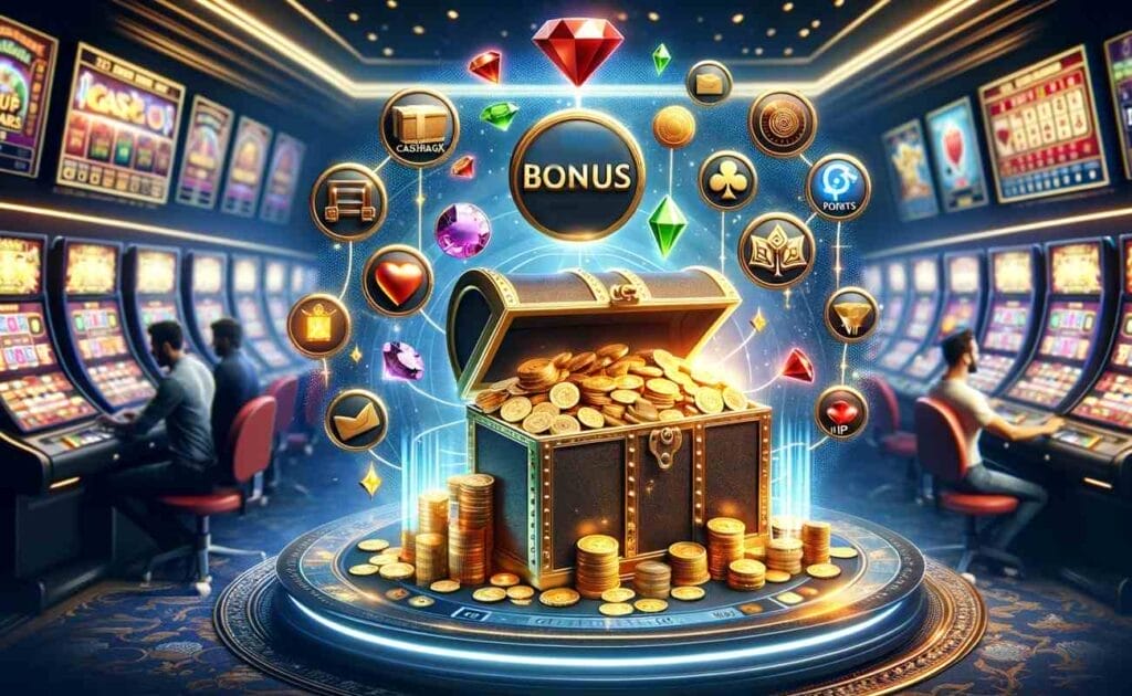 Bonus jackpot chest of gold in the middle of a casino surrounded by slot machines