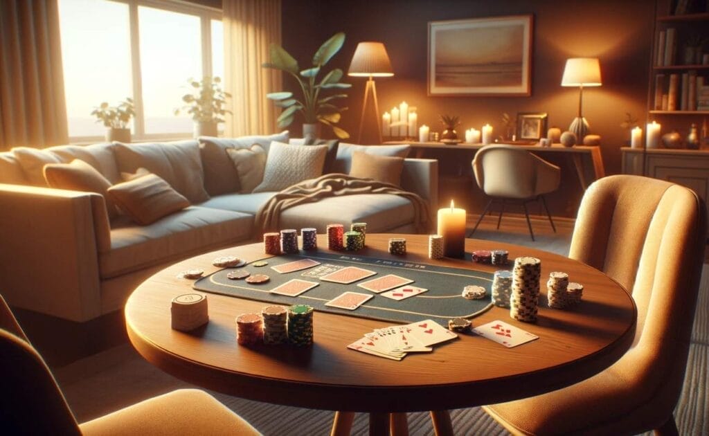A home poker game setup in a cozy living room.