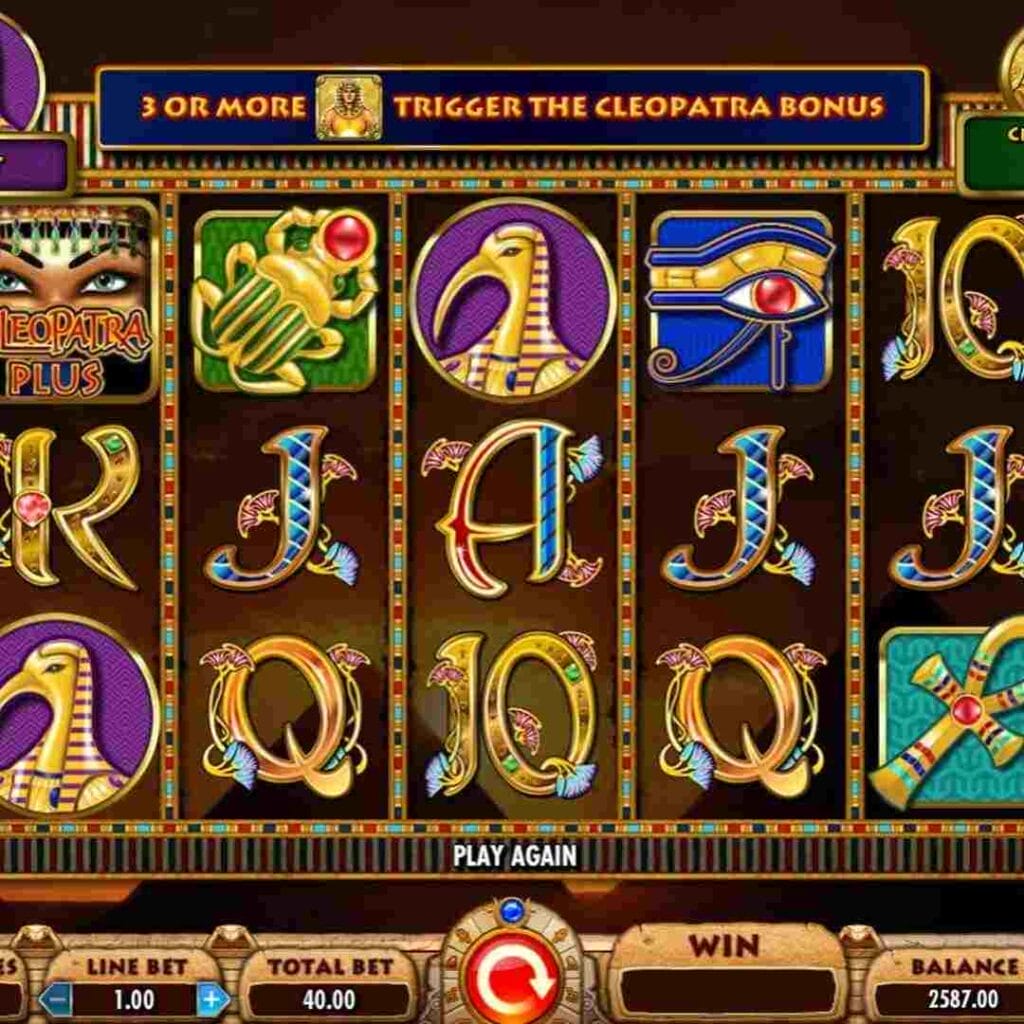 The base game reels in the Cleopatra online slot.