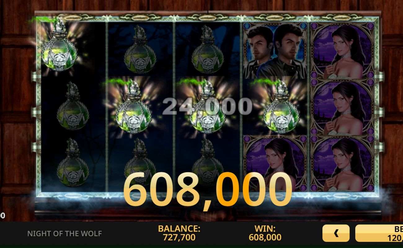 A screenshot of a massive win of $608,000 on Night of the Wolf by High 5 Games.