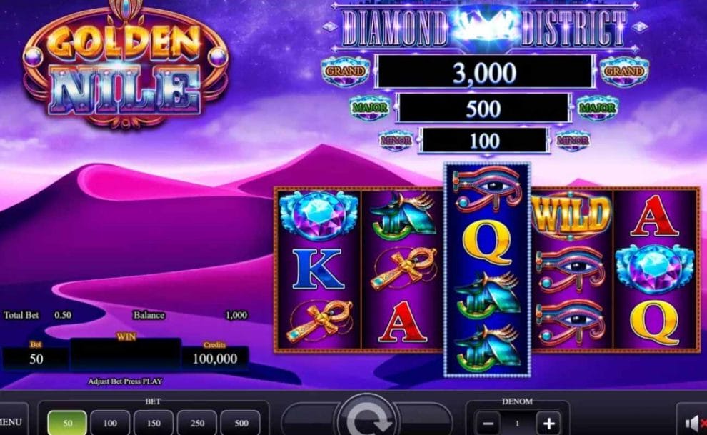  A screenshot of the gaming screen of Golden Nile, the online slot game by AGS.