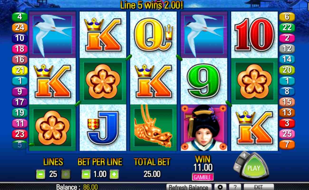 A screenshot of an $11 win on Geisha, the online slot game by Aristocrat.