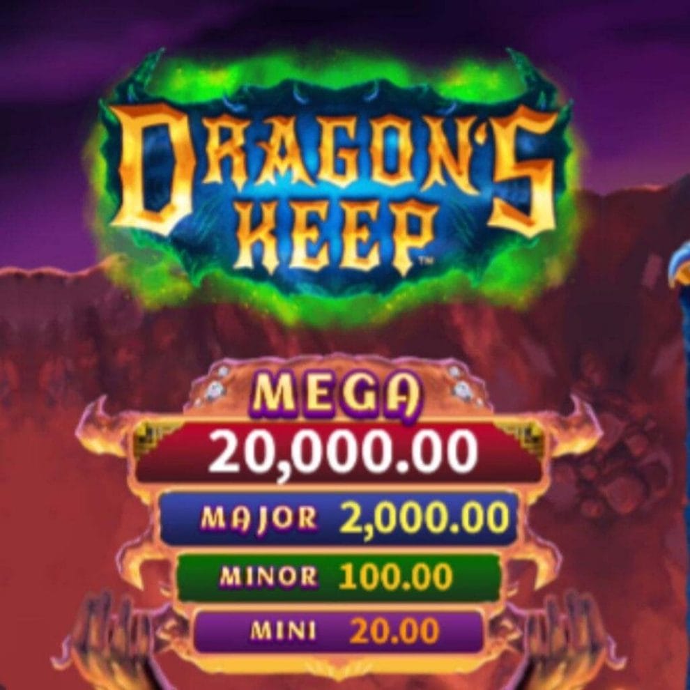 The logo of Dragon’s Keep from Gold Coin Studios with a table featuring the game jackpots underneath it.