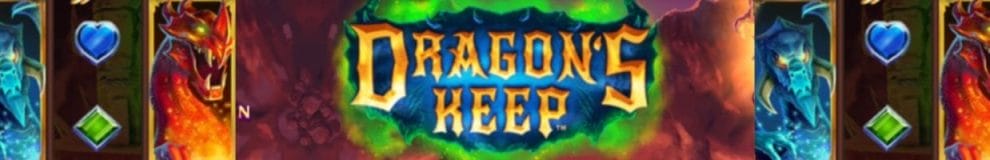 The Dragon’s Keep Logo on a banner with dragon symbols from the game on either side.