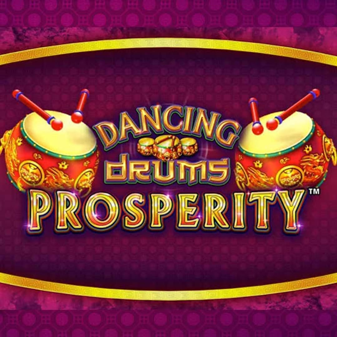 Dancing Drums Prosperity online slot title screen, featuring the game logo with big red drums on either side of it, surrounded by a gold frame on a purple background.