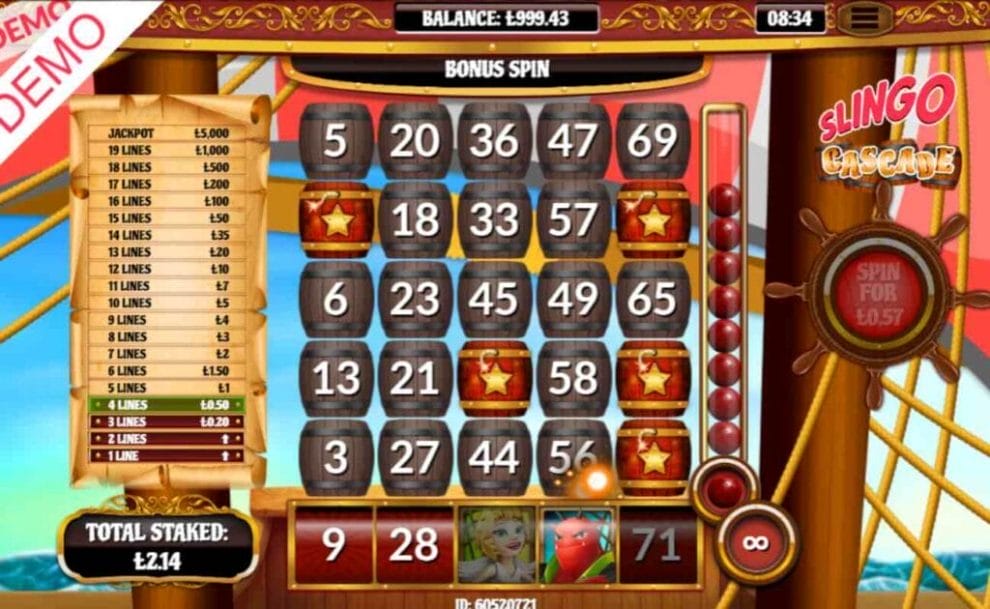 Slingo Cascade online slot game screenshot.