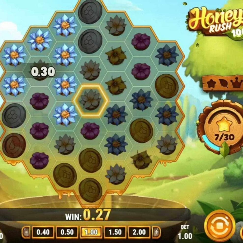 The base game screen for Honey Rush 100 online slot, showing the unique honeycomb-style slot grid and a small win.