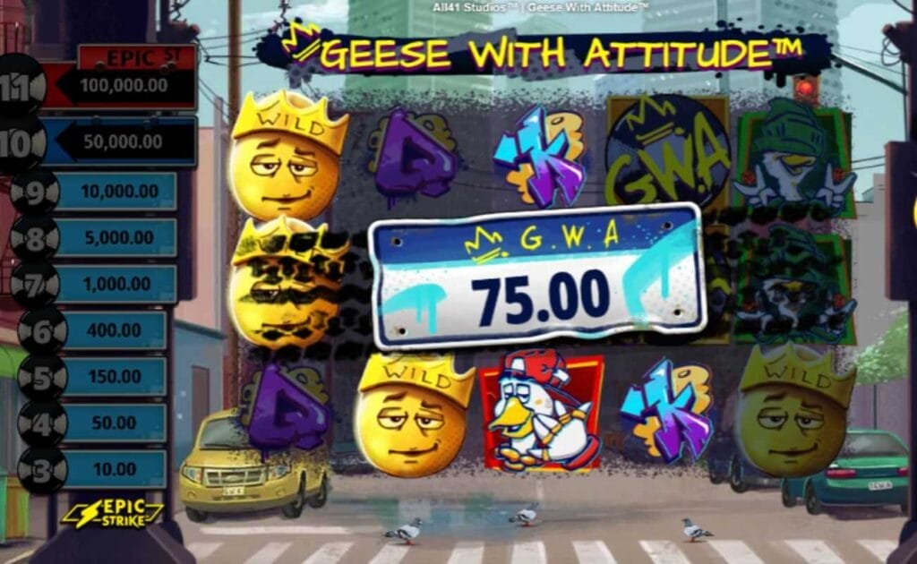 Screenshot of Geese With Attitude online slot game. 