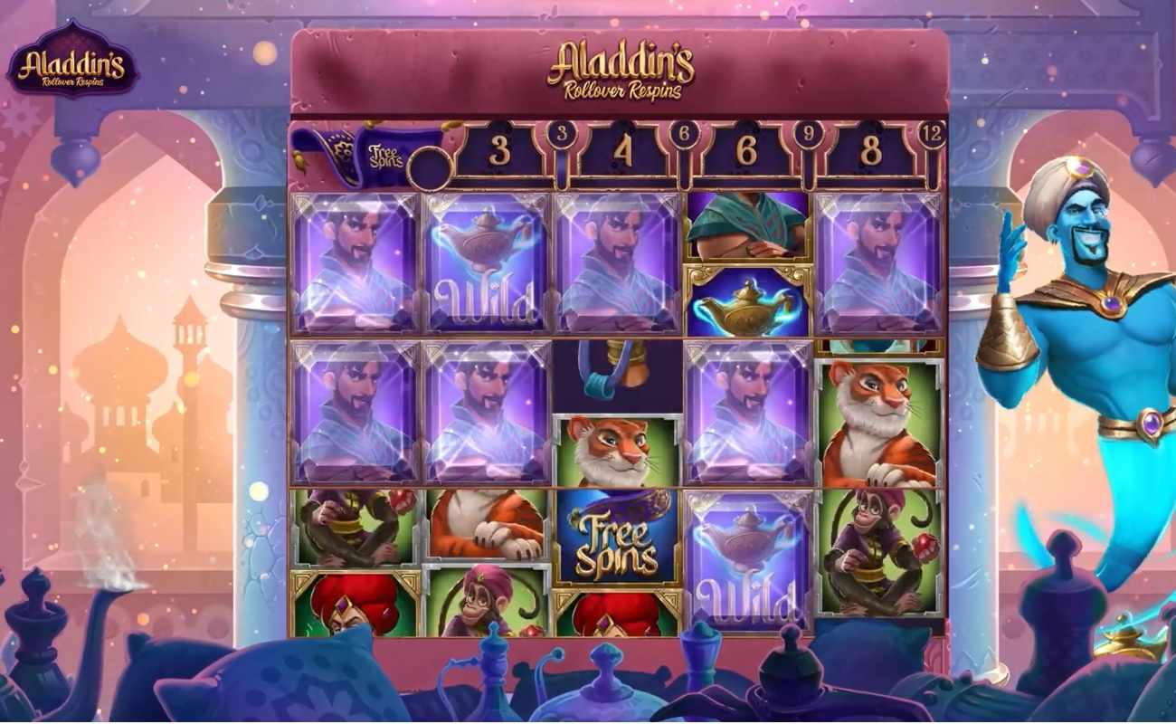 Gameplay in online slot Aladdin's Rollover Spins by Armadillo Studios