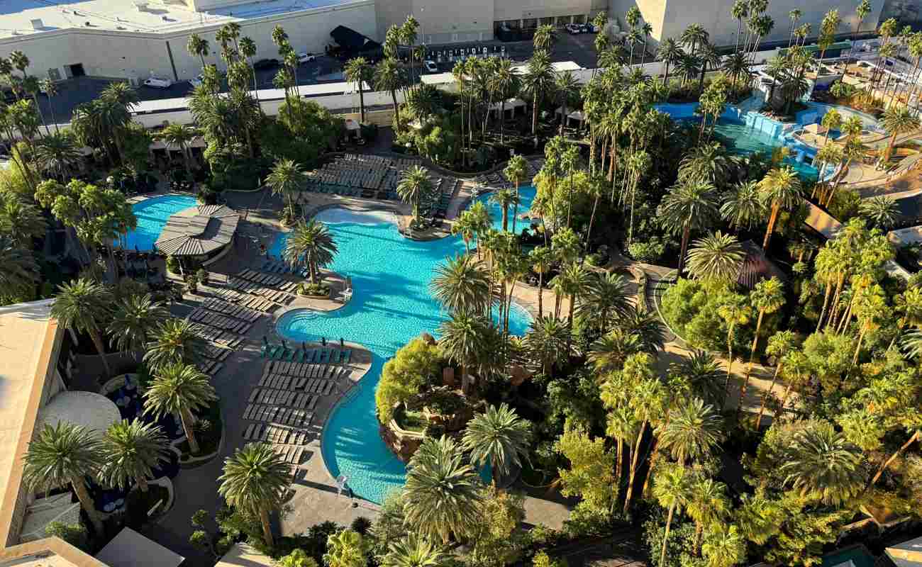 Aerial, drone view of the pool of Mirage, Las Vegas, Nevada, USA