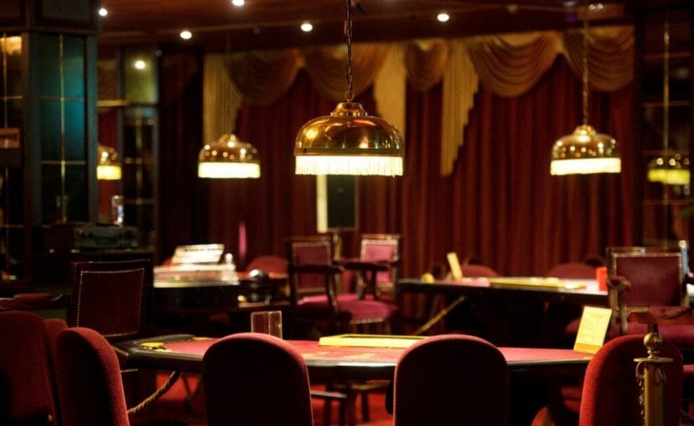 An empty blackjack table in a casino.