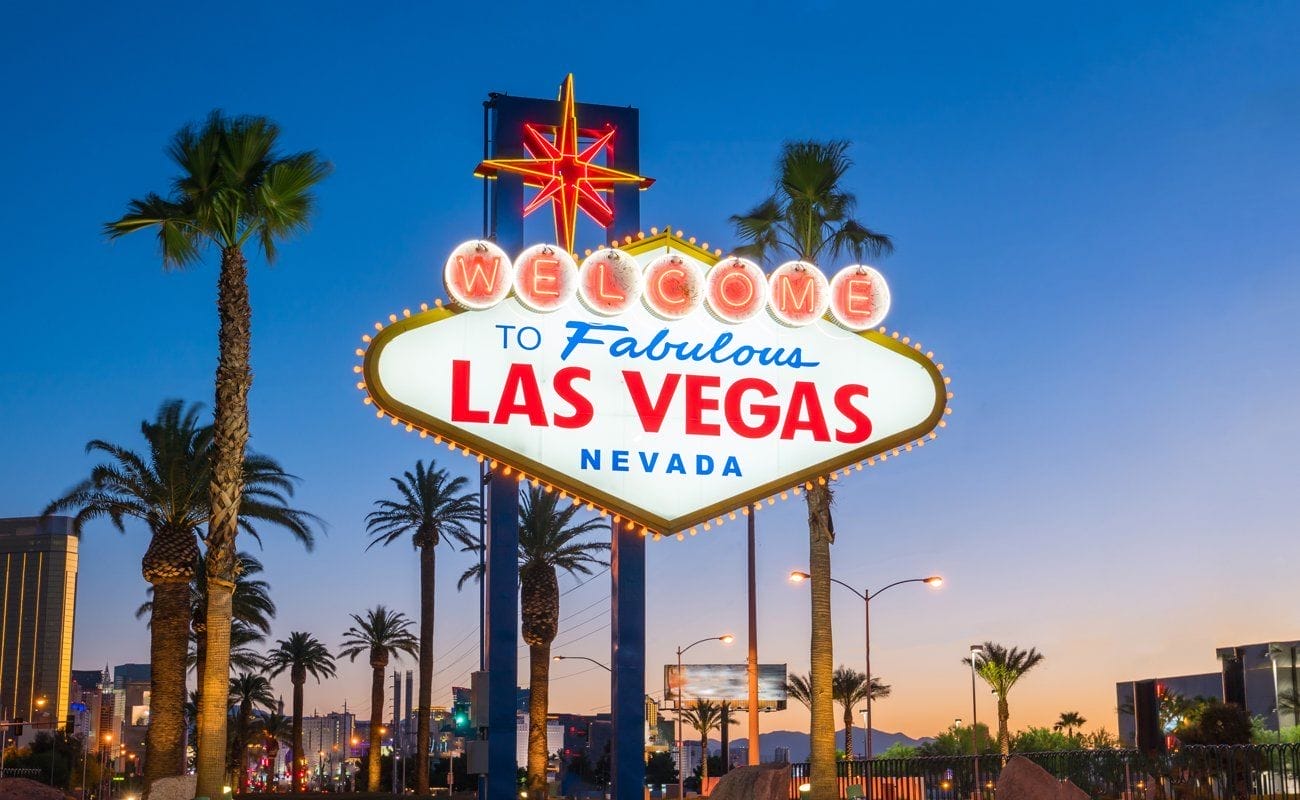 The famous Las Vegas sign at dusk.