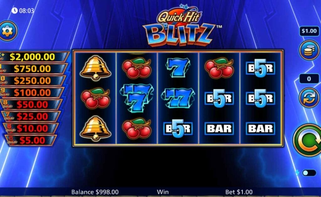Quick Hit Blitz Blue play screenshot with prizes, slot reel, bet size, and spin button.