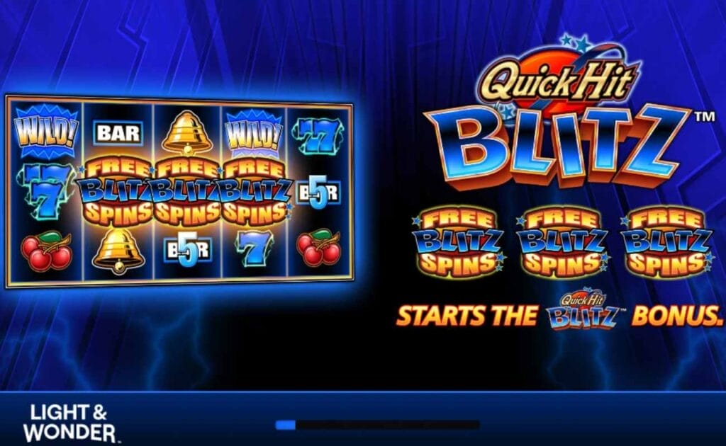 Quick Hit Blitz Blue by Light & Wonder screenshot with a slot reel and Free Blitz Spins buttons.