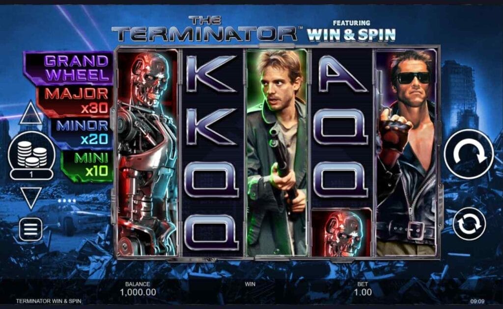 A screenshot of the gameplay of Terminator Win & Spin, featuring three of the game's characters covering the entirety of reels 1, 3, and 5. The background is a post-apocalyptic scene in shades of blue.