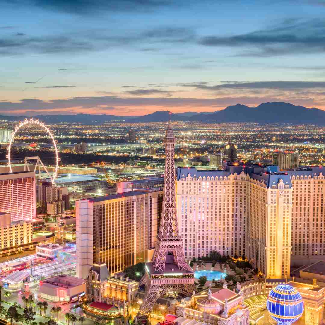 Las Vegas city skyline at night.