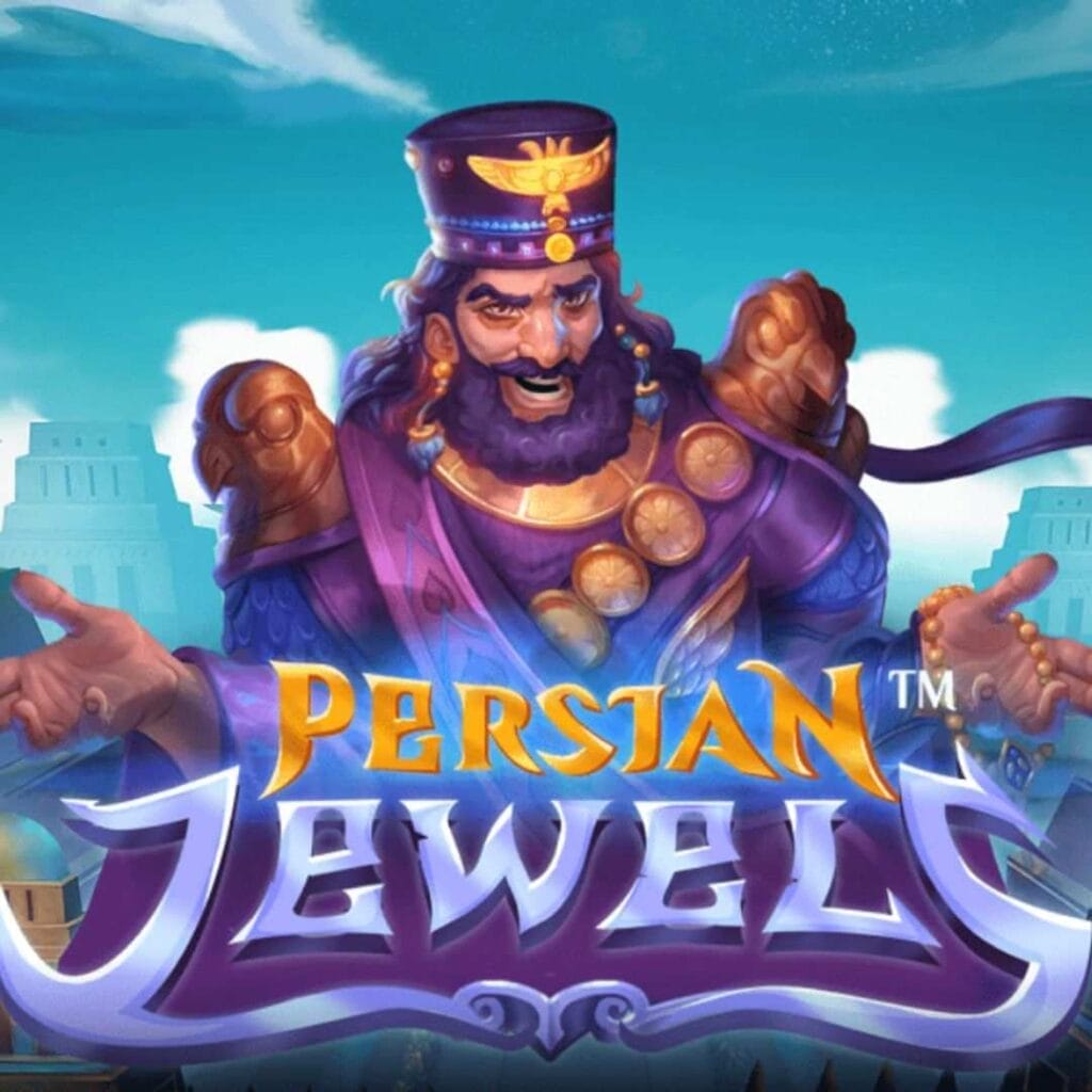 The title screen for Persian Jewels, featuring the game’s central character dressed in purple robes and golden jewelry, with two golden eagle statues behind him.