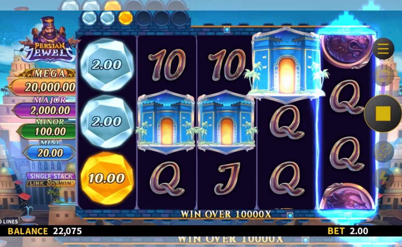 A screenshot of the base gameplay of Persian Jewels, featuring a mix of standard and bonus symbols on a 5×3 slot grid, with a background of Ancient Persia and the jackpots displayed next to the navy blue reels. 