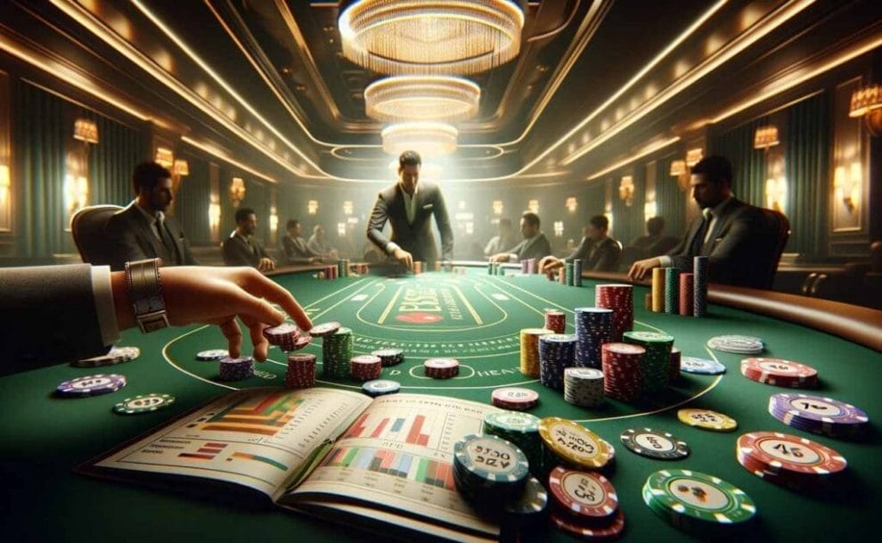 Men sit around a poker table with chips at the casino, and a hand leans over a book containing graphs in the foreground.