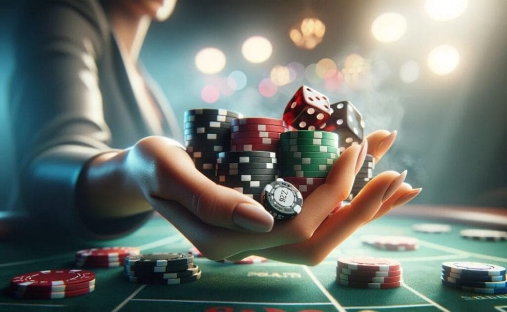 A woman’s hand holds a pile of poker chips and dice at the casino