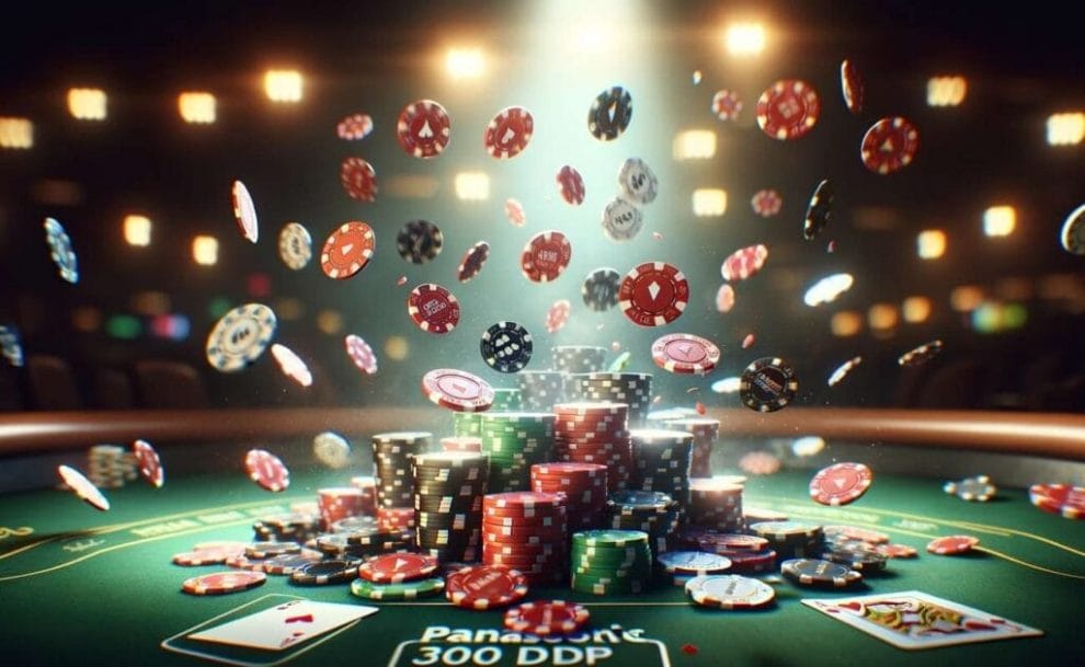Poker chips fall from above onto a green casino table with playing cards in the foreground