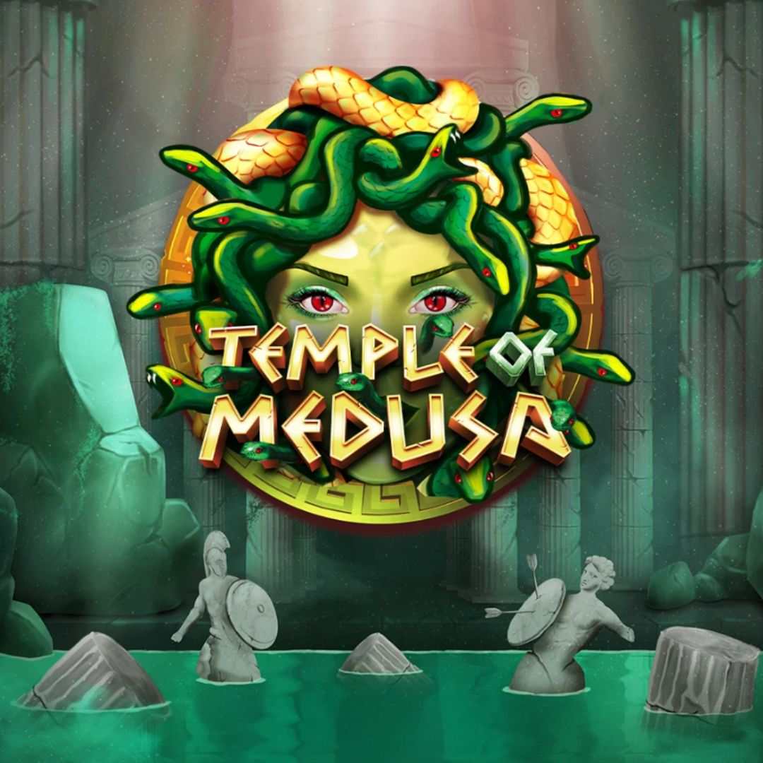The Temple of Medusa title image, featuring Medusa’s head behind the game logo, with a background of a room in a temple that is filled with water and statues in action poses.