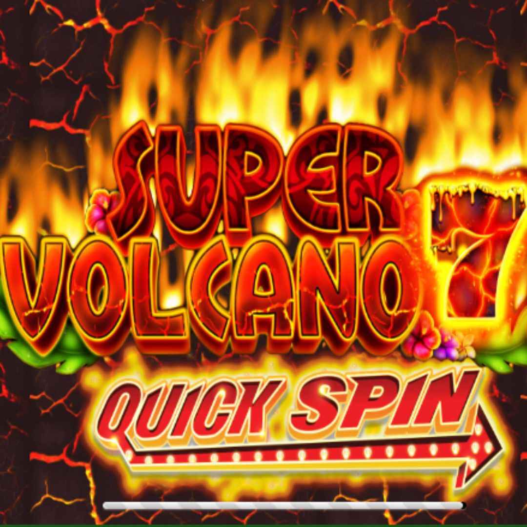 The title screen for Super Volcano 7s, featuring the game logo, which is on fire, with flowers behind it, on a background of molten rock with lava glowing through the cracks.