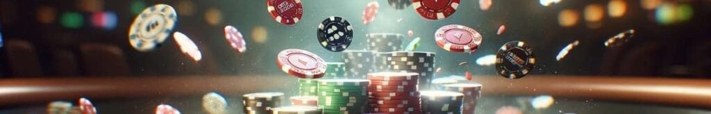 Poker chips fall from above onto a green casino table with playing cards in the foreground