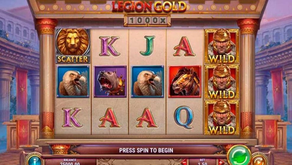 The base game screen for Legion Gold online slot game.