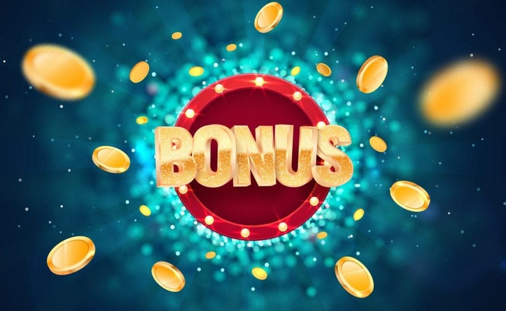 The word bonus in a red circle surrounded by blue and yellow lights and flying gold coins.