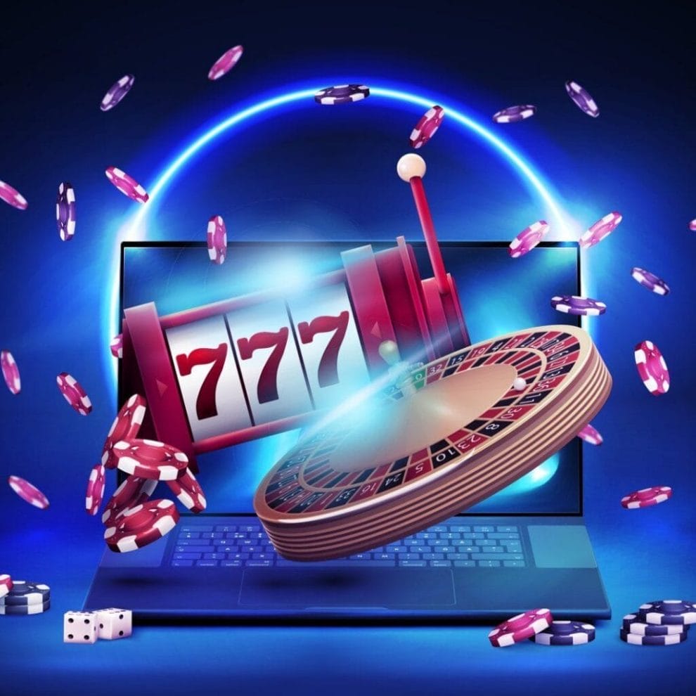 A slot reel, roulette wheel, and casino chips floating in front of a laptop screen.