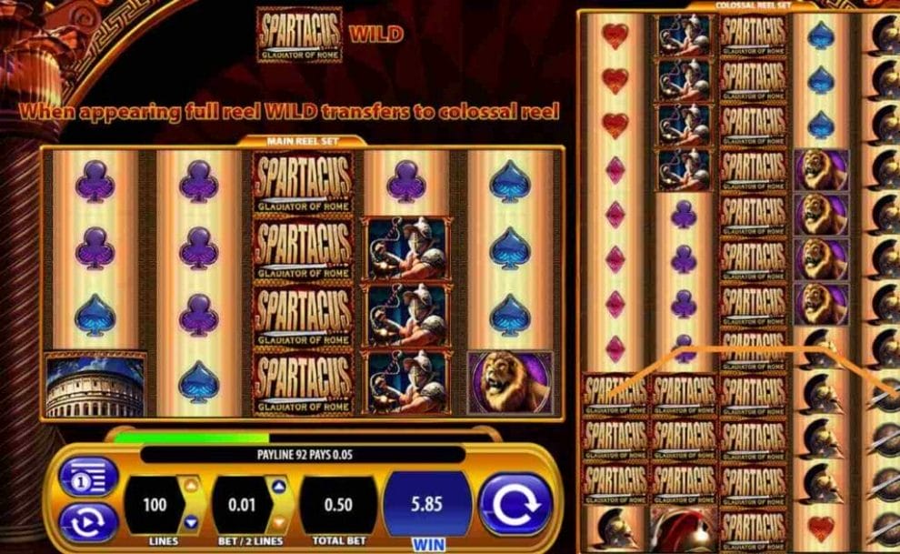 A screenshot of the slot reels for Spartacus Gladiator of Rome showing several special symbols. 