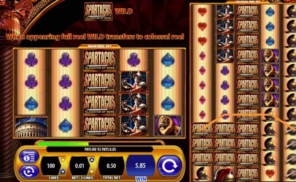 A screenshot of the slot reels for Spartacus Gladiator of Rome showing several special symbols.