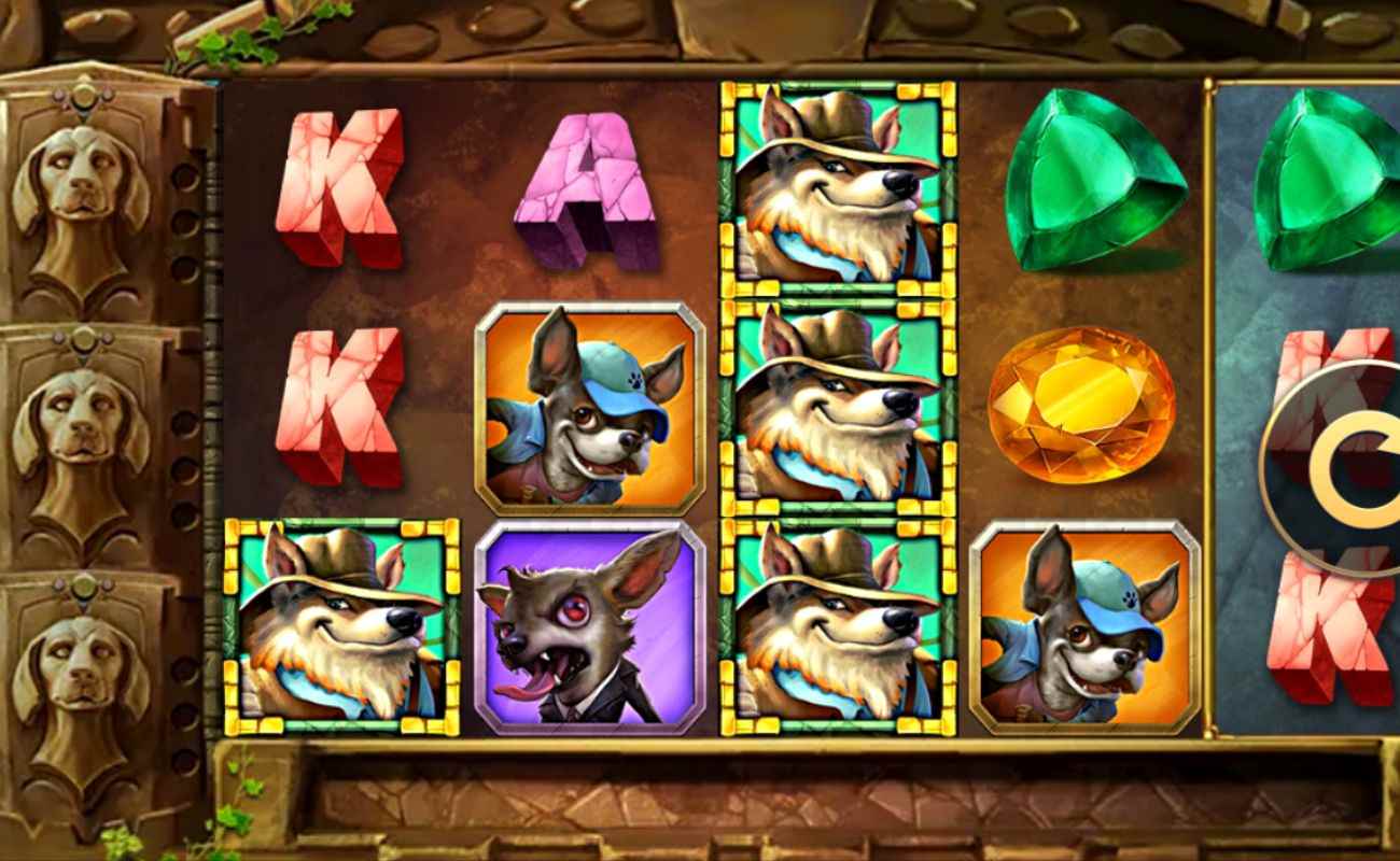 A screenshot of the reels of the Indiana Bones online slot game.