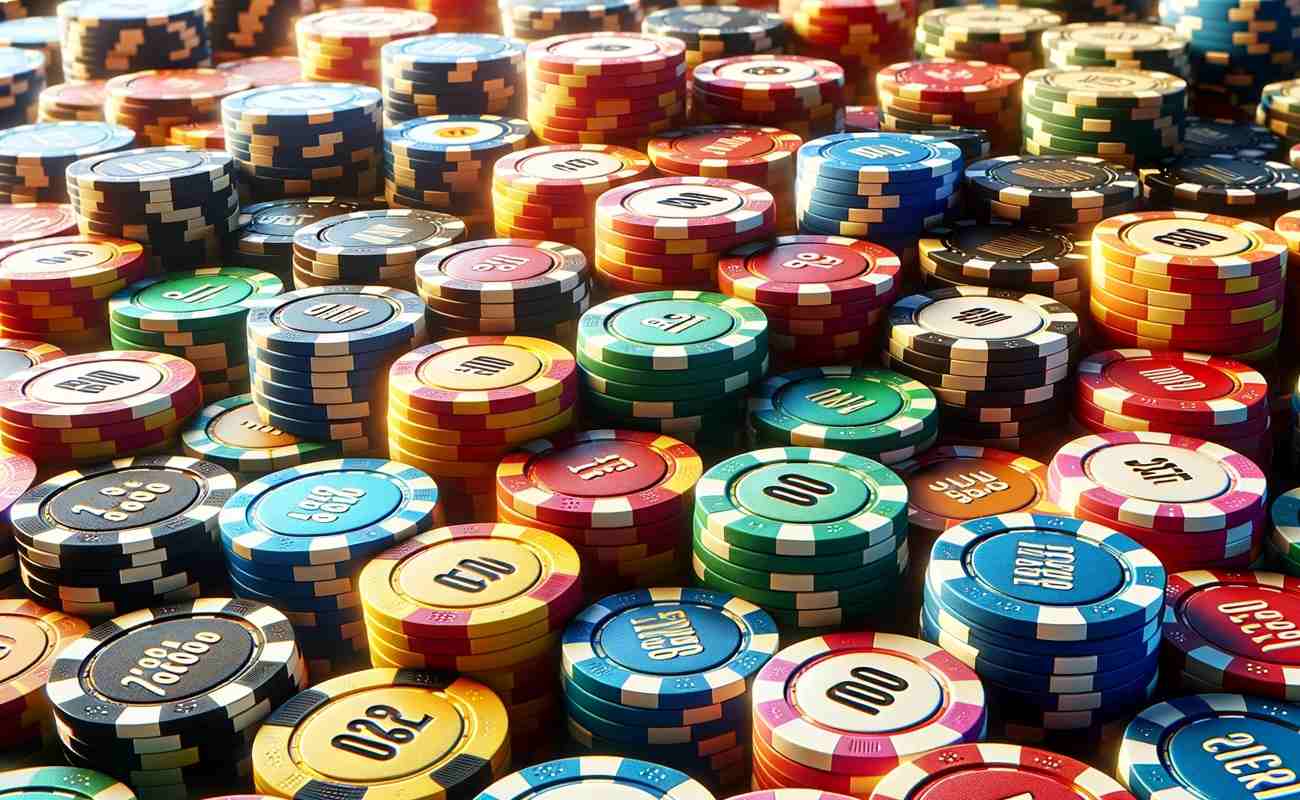 Wide-format image of a colorful stack of poker chips