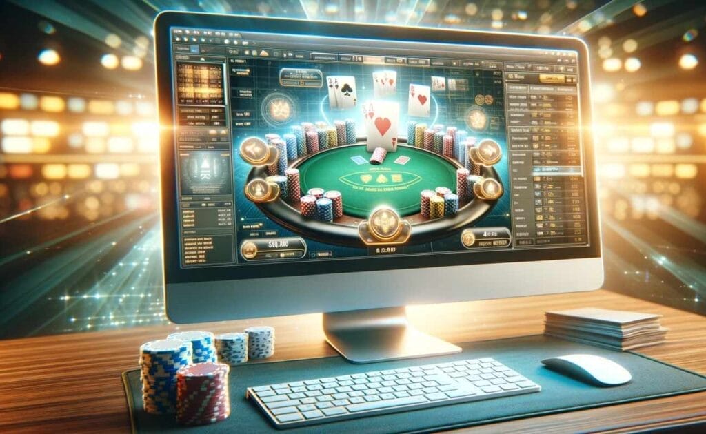 Image an online poker interface, showing a computer screen with a virtual poker game