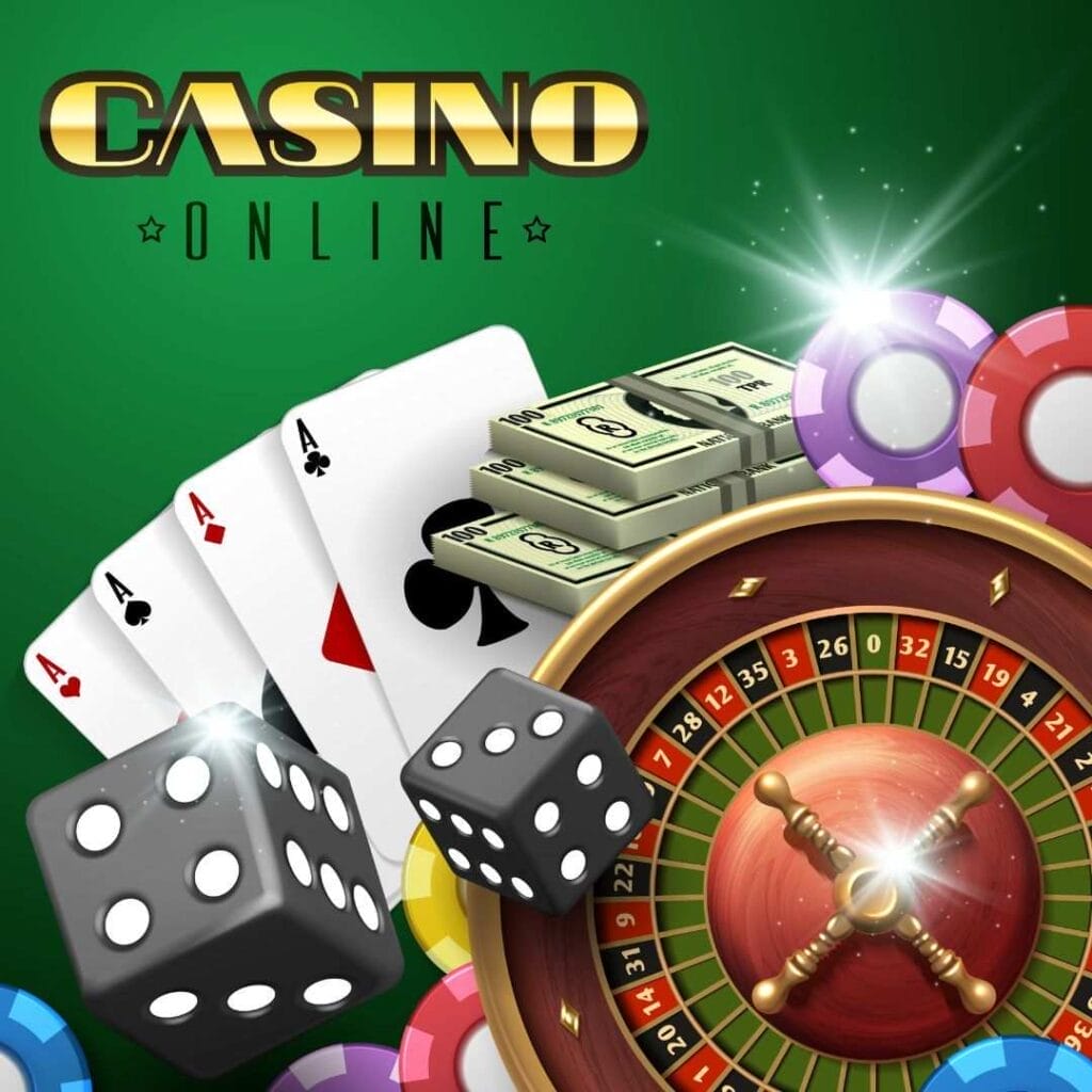 An online casino concept image showing a roulette wheel, dice, playing cards, casino chips, and cash against a green background.