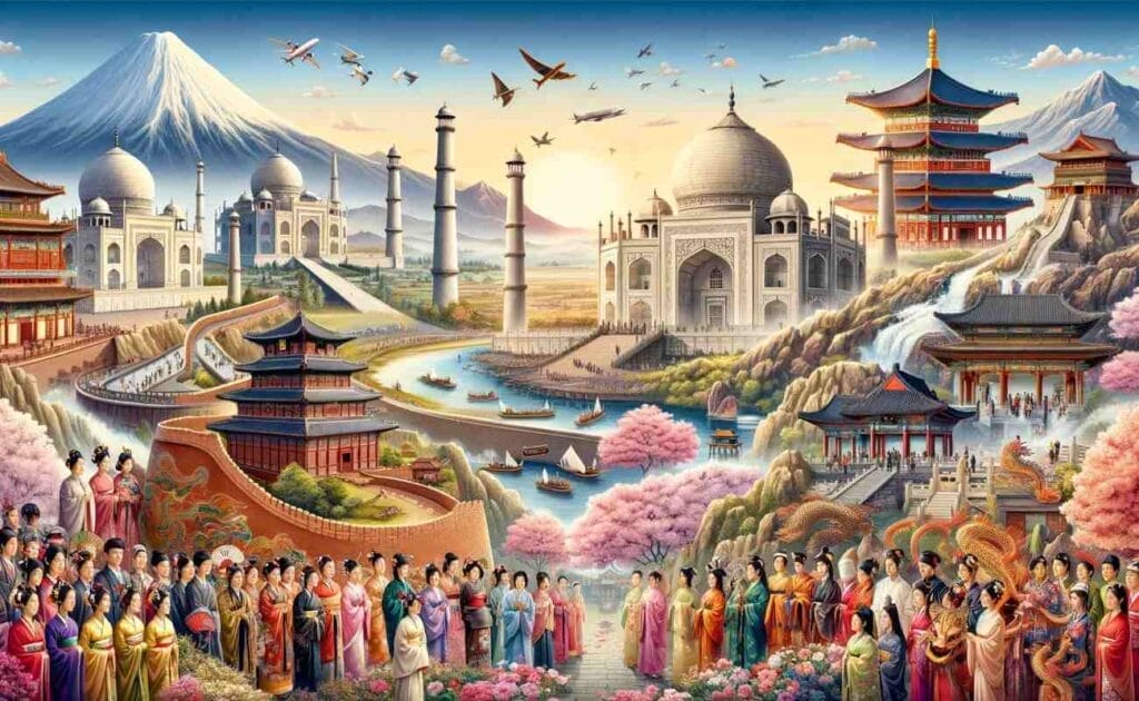 Illustration of Asia's diversity with landmarks like the Great Wall of China, the Taj Mahal, and Mount Fuji