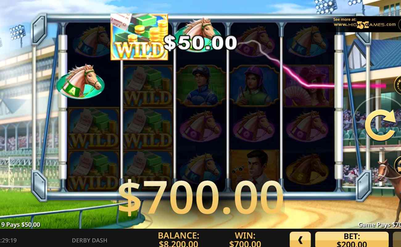 A winning screen of $700 on Derby Dash online slot with a Wild and horse symbol