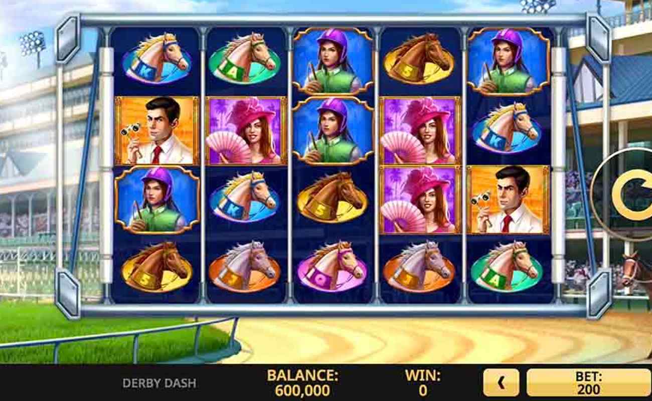 The base game screen for Derby Dash online slot with horses, spectators and jockey symbols