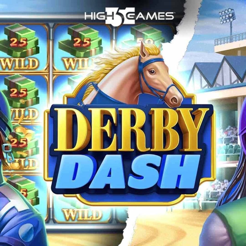 The title screen for the slot game Derby Dash with a horse at center and some cash