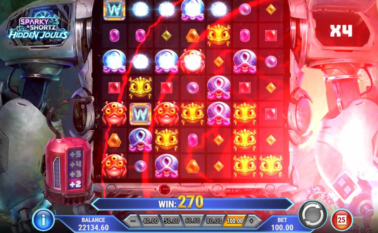A screenshot of a $270 win and the electric animations of Sparky and Shortz: Hidden Joules.