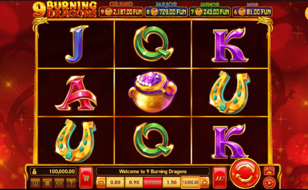 9 Burning Dragons casino game reels and game logo.