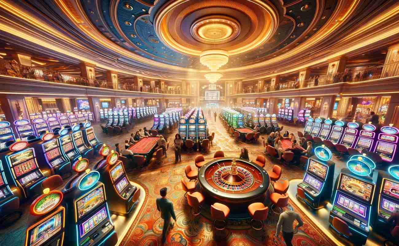Vibrant casino floor with colorful slot machines and a roulette table