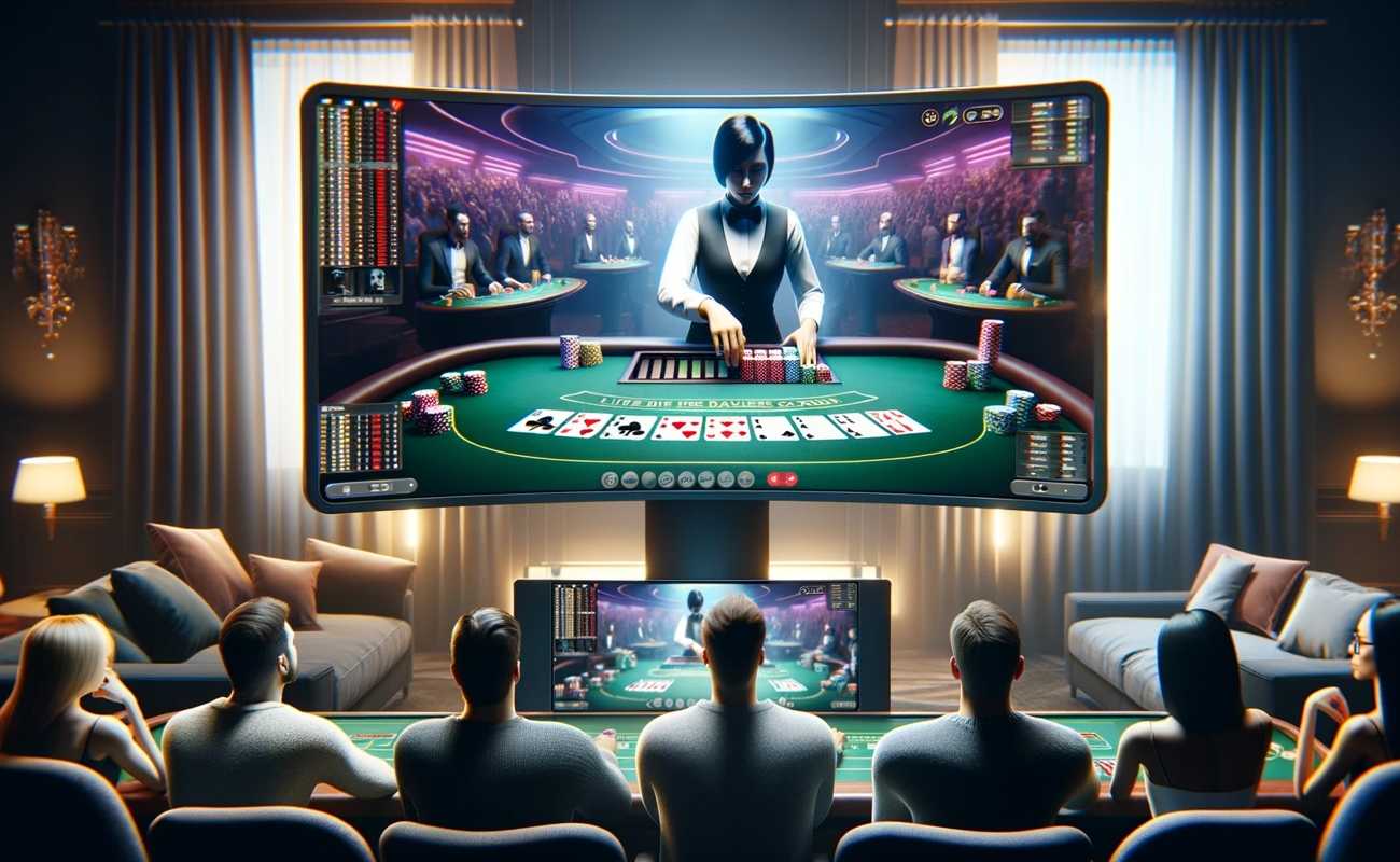People engaging with an online live dealer casino game, illuminated by the glow of a large monitor in a dim room
