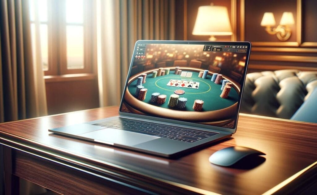 Modern laptop on a wooden desk displaying an online poker game, with a cozy, warmly lit background