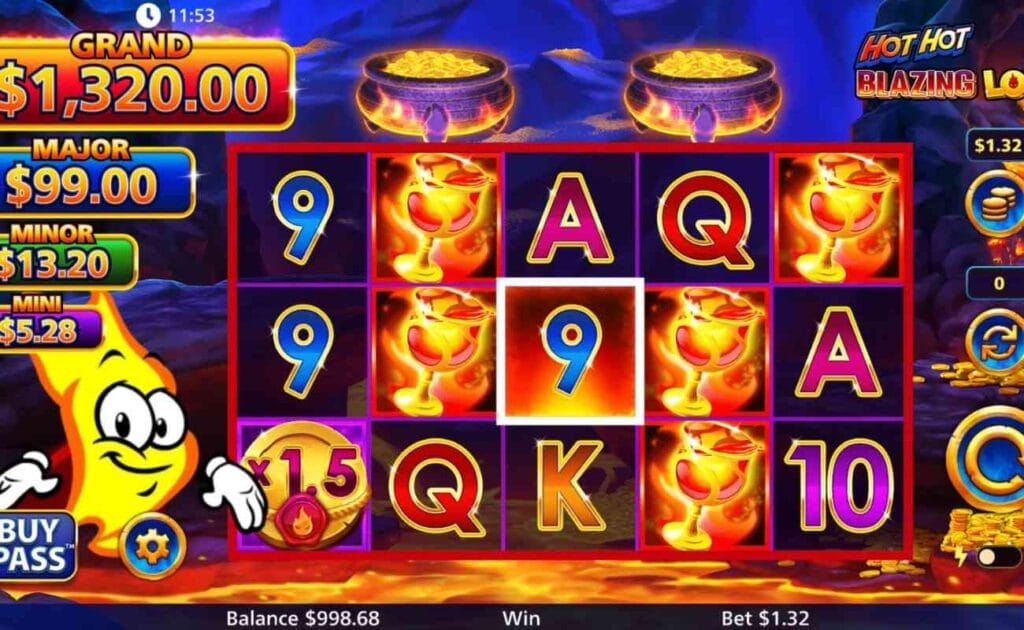 A screenshot of the fiery slot reels of Hot Hot Blazing Lock.